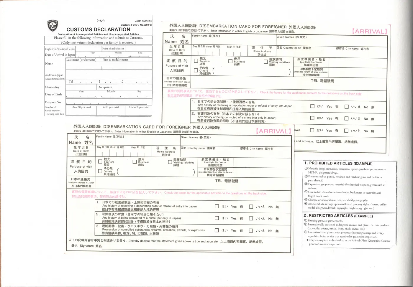 Customs forms — Japan